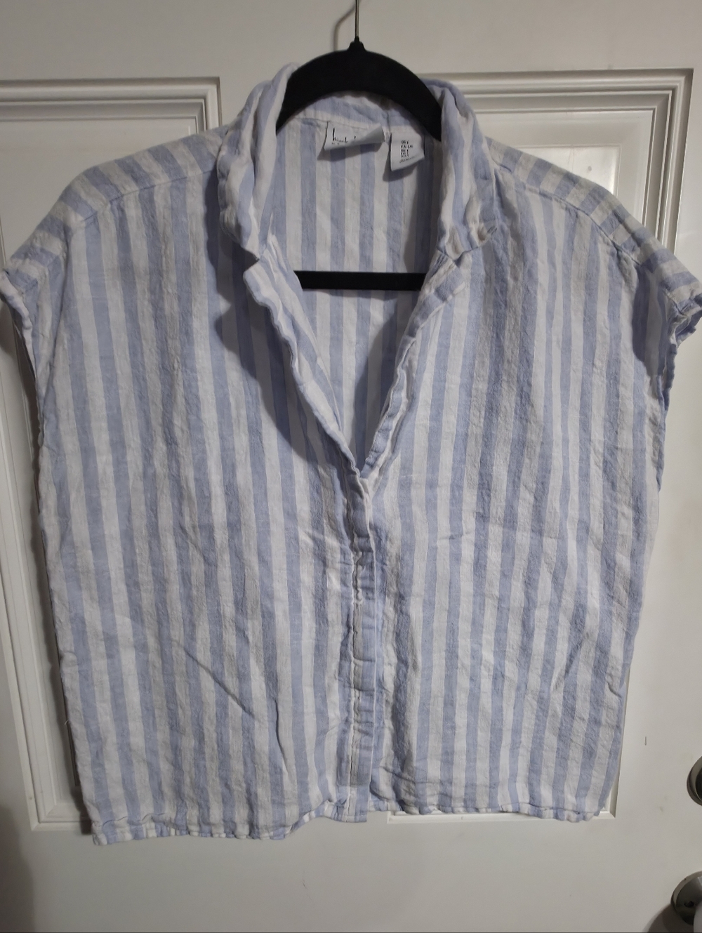 Nicole Miller 100% Linen Striped Collared Button-Up Short Sleeve Top Blue L